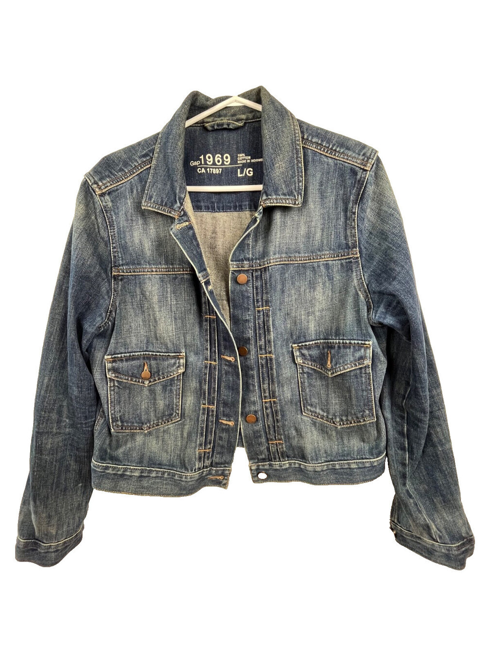 Gap 1969 Denim Jacket Women L Cropped Trucker Medium Wash Vintage Fade Cotton